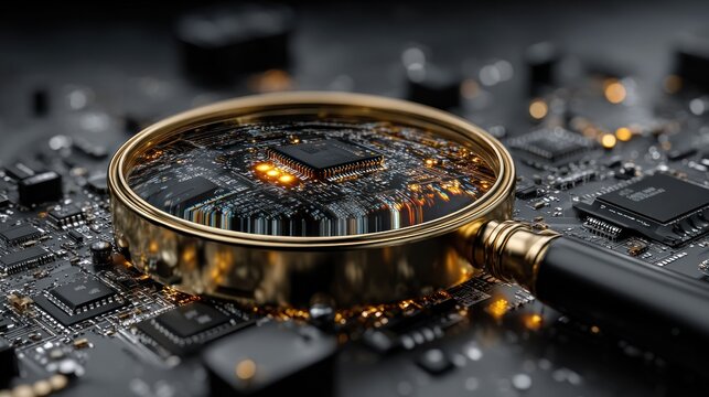 Magnifying glass focuses on glowing chip on circuit board