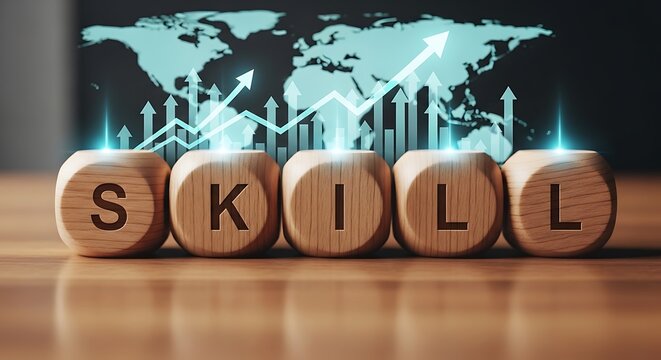 Wooden blocks spelling 'skill' with a glowing world map and financial graph background