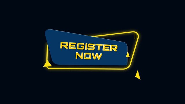 Dynamic register now button with glowing yellow neon frame animation isolated on a dark blue professional background
