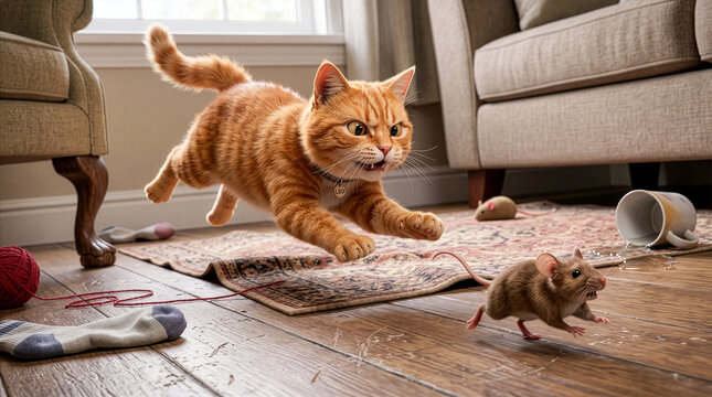 tabby domestic cat chasing a mouse indoors