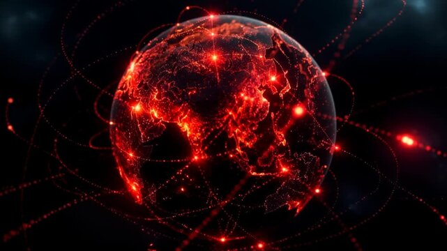 Digital Globe Glowing Red With Interconnected Neural Networks and Data Streams, Global Technology Concept