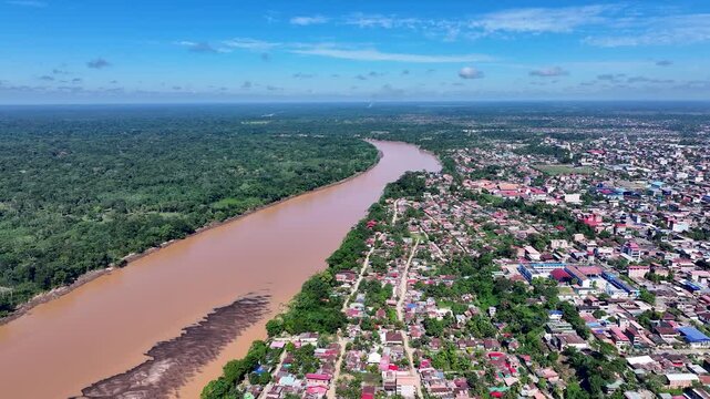 Aerial view of Puerto Maldonado and Madre de Dios River in the Peruvian Amazon