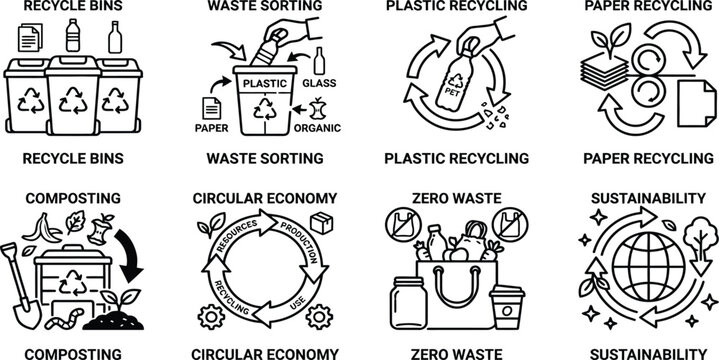 Waste sorting and recycling process line icons set with recycling composting sustainability circular