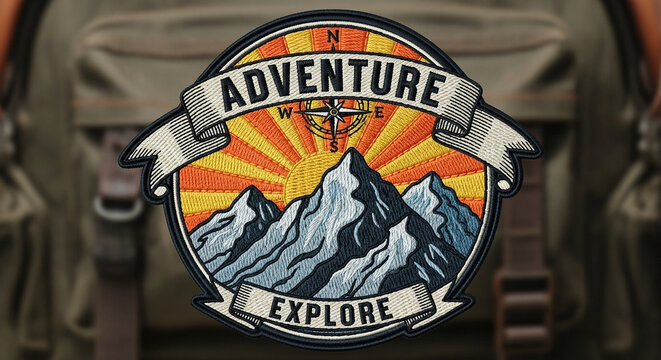 Adventure explore embroidered circular patch featuring mountain range and sunrise on hiking backpack adventure embroidery mountain