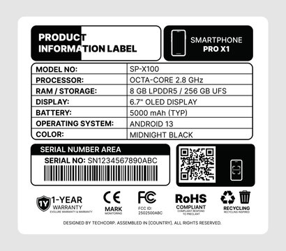 Product Information Label Template With Specification Table Technical Data Sheet and Packaging Compliance Stickers