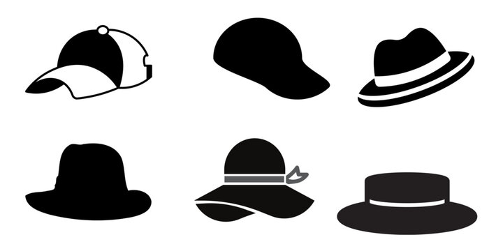 Baseball Cap Silhouette Collection Isolated on White Background