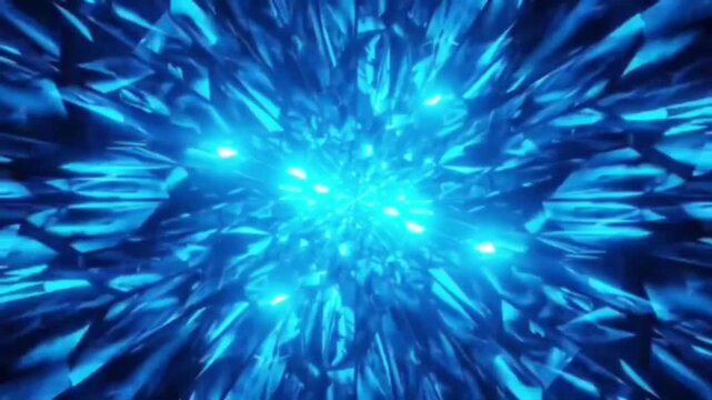 Abstract neon blue crystal tunnel seamless loop. Flying through a glowing diamond shard kaleidoscope corridor