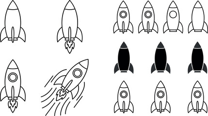 Rocket ship line art and glyph icons vector collection set featuring spaceship launch blast off outline silhouettes for space exploration startup design © ShuvoStock