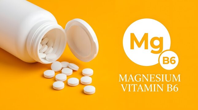 Magnesium Vitamin B6 Supplement Pills Spilling from White Bottle on Orange Background