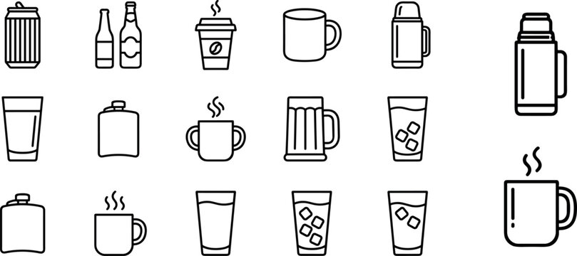 Beverage containers vector icon set featuring line art illustrations of coffee mugs water glasses beer bottles thermos flasks and aluminum cans isolated on white