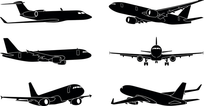 Passenger airplane and commercial aircraft black glyph silhouettes vector collection set featuring jet planes flying in various dynamic flight angles front and side view