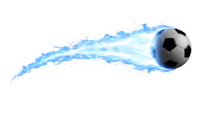 Fototapeta premium Soccer ball flying through the air with blue smoke trail behind it on white background perfect for sports advertising and dynamic football visuals