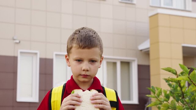 Young student with lunch, satisfied boy after a big bite, early morning snack, sandwich lover, outside the classroom, enjoying healthy food, playful mood, child ready for school, after school program