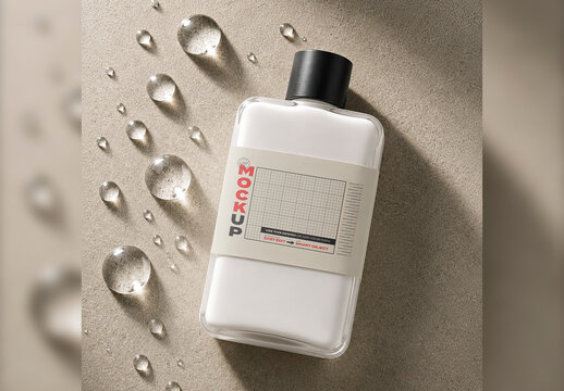 Cosmetic Flask Label Mockup with Water Drops