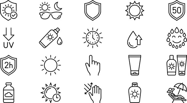 Sun protection and skincare outline icon vector set featuring sunscreen lotion, UV blocker shield, SPF 50, summer rays, and skin care elements.