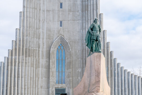 A statue of  Norse explorer Leif Erikson outside Halgrimskirkja church in Reykjavik, Iceland