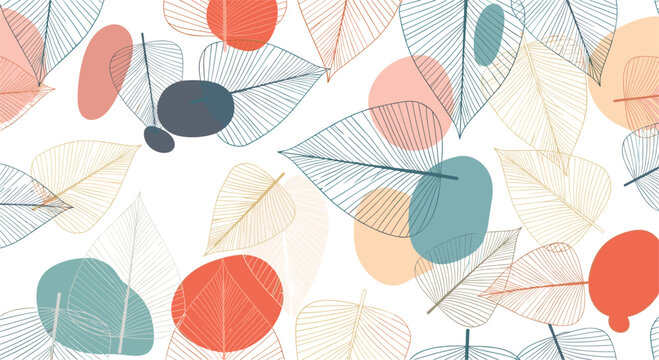 Seamless floral pattern with delicate skeleton leaf textures and colorful overlapping circles on a clean white background.