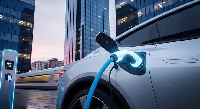 White car with a blue charging charger for electric mobility and clean energy transportation