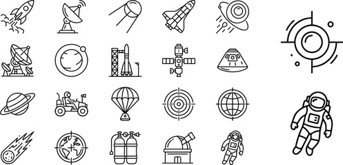 Space exploration and astronomy thin line icon vector set featuring astronaut, rocket ship, space shuttle, rover, satellite, observatory, planets, and cosmic equipment. © ShuvoStock