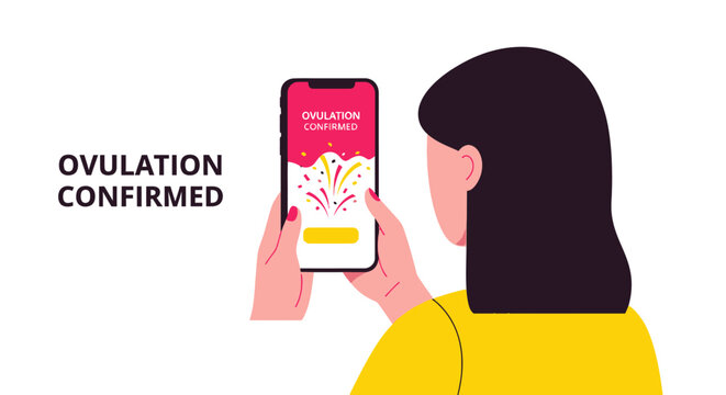 Woman Checking Ovulation Confirmation Notification on Smartphone Tracking App Vector Illustration
