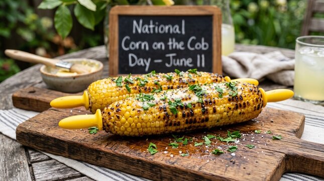 Two ears of lightly charred grilled corn on the cob brushed with melted butter and fresh parsley on a rustic wooden board for National Corn on the Cob Day on June 11.