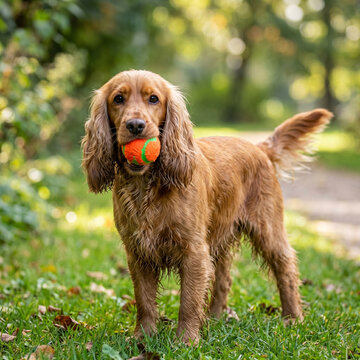 Golden cocker spaniel with ball in mouth standing in a lush green park, active pet lifestyle and animal training concept for veterinary and pet care services