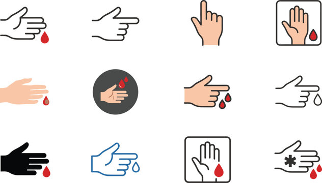 Finger prick blood testing icon set featuring healthcare diagnostics, diabetes monitoring, medical screening, and laboratory collection symbols