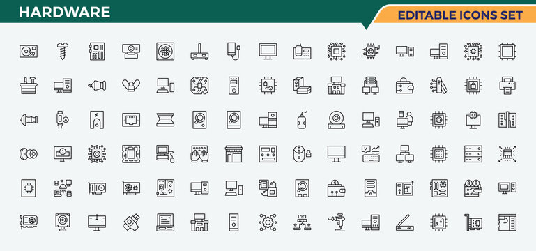 Hardware icon set. Line icons with editable stroke. Pictogram and infographic. Gadget line icon set. Contains outline symbols like gadget, hard, components, laptop, electronic and more.