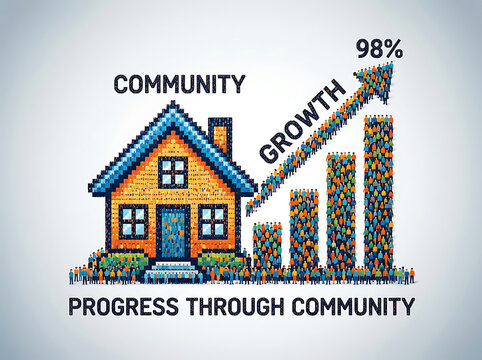 Pixelated house and bar graph formed by tiny people showing growth community figures