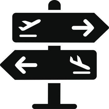 Airport directional signpost vector icon, terminal navigation arrow pointer glyph symbol, street traffic road sign silhouette for travel and tourism guide web UI