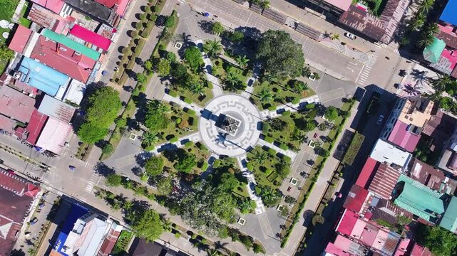 Aerial view of Plaza de Armas in Puerto Maldonado, Madre de Dios, Peru 