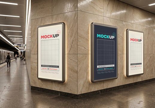 Three Advertising Signs Underground SUbway Station Mockup