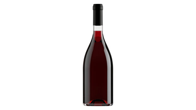 Dark red wine in a clear glass bottle with black cap, isolated on transparent background