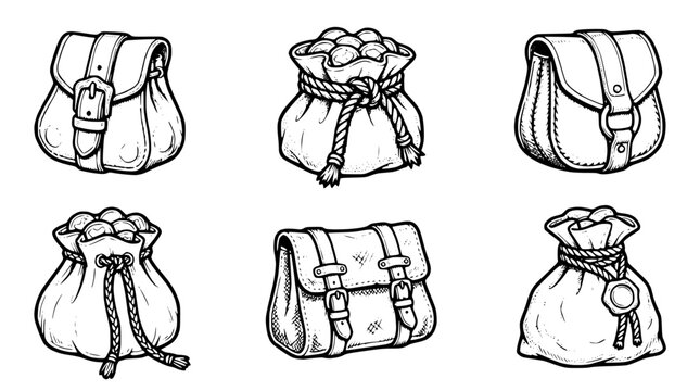Set of Six Vintage Money Bags and Leather Satchels