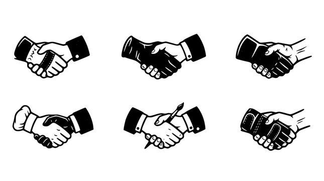 Set of six professional handshake icons in black ink