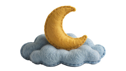 Yellow felt crescent moon resting on blue felt clouds, isolated on transparent background © PAPADOMUS