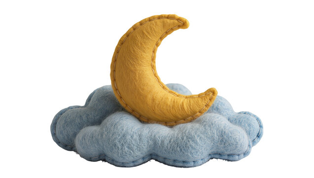 Yellow felt crescent moon resting on blue felt clouds, isolated on transparent background