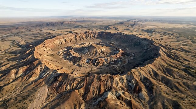Aerial view of a massive ancient crater in a vast desert landscape