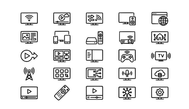 Streaming media home entertainment icons set black and white line art