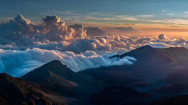 Dramatic sunset over rolling mountain range above dense clouds with mountains