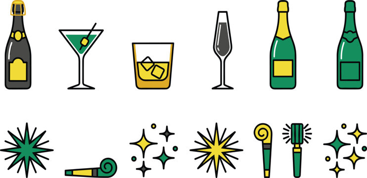 New Year Celebration Party Drink Icon Set with Champagne Bottles Cocktail Glasses Sparkles and Horn Noise Maker Symbols for Festive Graphic Card Designs