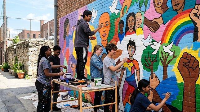 Diverse teenagers painting a vibrant community mural together