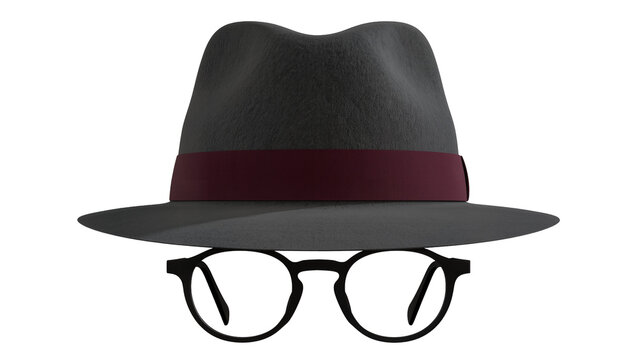 Dark grey fedora hat with burgundy band and black glasses, isolated on transparent background