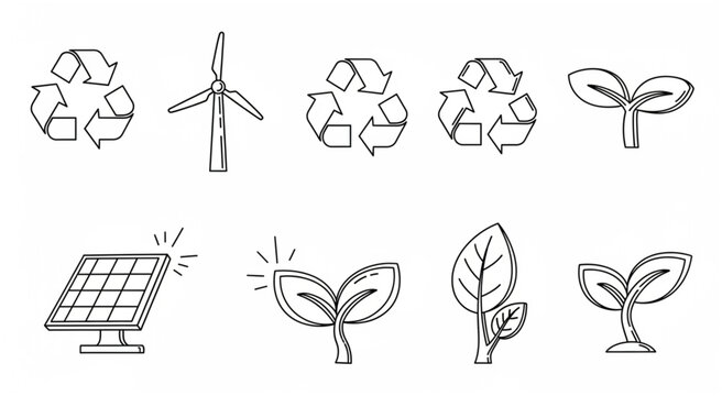 Renewable energy icons featuring solar panel and various plants with recycling symbols