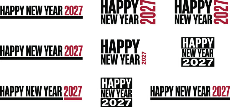 Happy New Year 2027 Minimalist Corporate Typography Logo Set with Clean Bold Font Layouts and Black Red Color Accents for Business Header Banner Designs