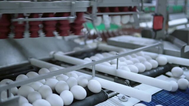 Industrial egg processing machine sorting and moving white chicken eggs on a conveyor belt