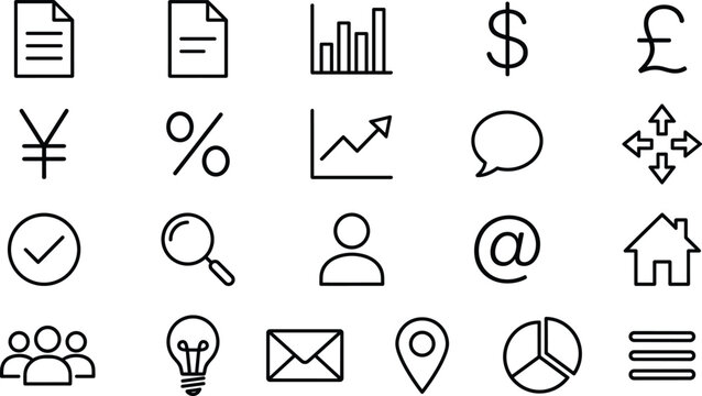 Business finance web UI icon vector line art set with currency charts and office marketing elements