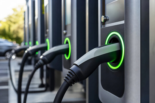 Close up of an electric vehicle charging plug with green indicator light