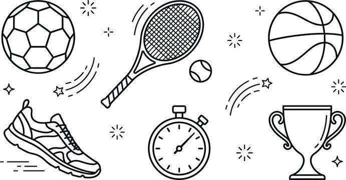 Sports equipment doodle vector line art set with soccer ball tennis racket basketball shoe and trophy icons