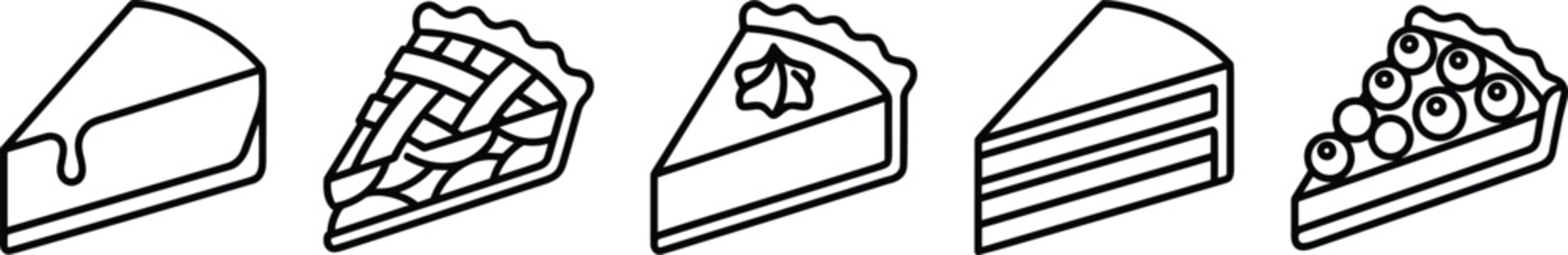 Cake and pie slice dessert vector line art set with cheesecake tart bakery food icon elements